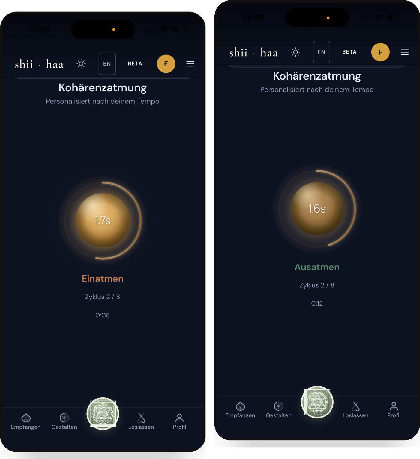 shii · haa App zeigt Einatmen und Ausatmen in Echtzeit